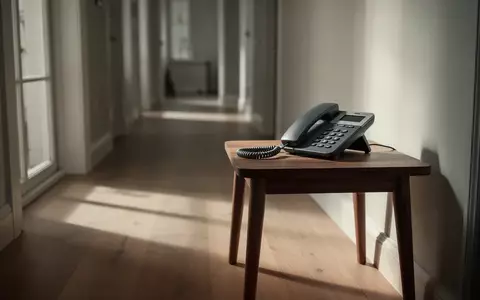 Ein modernes Festnetztelefon auf einem Holztisch in einem hellen Flur, symbolisch für Telefonbetrug. - Foto: über boerse-global.de