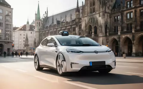 Ein autonomes Fahrzeug fährt durch eine sonnige Straße in München mit historischer Architektur im Hintergrund. - Foto: über boerse-global.de