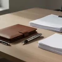 Ein minimalistischer Schreibtisch mit einem geschlossenen Notizbuch, einem Füllfederhalter und einem Stapel leerer Dokumente. - Foto: über boerse-global.de