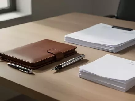 Ein minimalistischer Schreibtisch mit einem geschlossenen Notizbuch, einem Füllfederhalter und einem Stapel leerer Dokumente. - Foto: über boerse-global.de