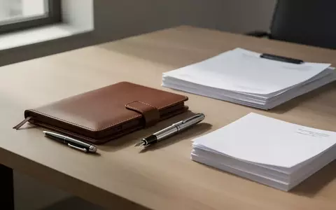 Ein minimalistischer Schreibtisch mit einem geschlossenen Notizbuch, einem Füllfederhalter und einem Stapel leerer Dokumente. - Foto: über boerse-global.de