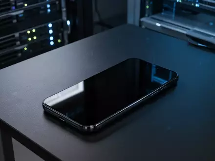 Ein modernes Smartphone mit ausgeschaltetem Bildschirm liegt auf einem dunklen Büroschreibtisch. - Foto: über boerse-global.de