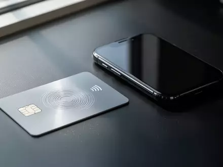 Ein modernes Smartphone liegt neben einer kontaktlosen Kreditkarte auf einem dunklen Schreibtisch. - Foto: über boerse-global.de
