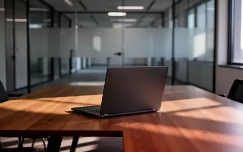 Ein geschlossener Laptop auf einem Konferenztisch in einem modernen, leeren Bürogebäude bei natürlichem Tageslicht. - Foto: über boerse-global.de