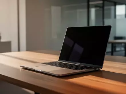Ein minimalistischer Arbeitsplatz mit einem Laptop, dessen Bildschirm dunkel und vom Betrachter abgewandt ist. - Foto: über boerse-global.de