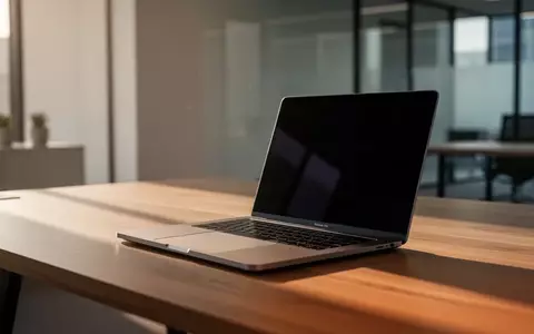 Ein minimalistischer Arbeitsplatz mit einem Laptop, dessen Bildschirm dunkel und vom Betrachter abgewandt ist. - Foto: über boerse-global.de