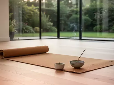 Ein minimalistisch eingerichteter Yogaraum mit einer Yogamatte auf einem Holzboden und weichem Tageslicht. - Foto: über boerse-global.de