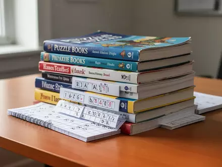 Ein Stapel verschiedener Rätselbücher und Sudoku-Blöcke auf einem Holztisch in einem hellen, ruhigen Raum. - Foto: über boerse-global.de