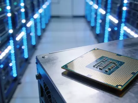 Ein hochmoderner Serverraum mit leuchtenden Server-Racks und ein fokussierter Silizium-Wafer im Vordergrund. - Foto: über boerse-global.de
