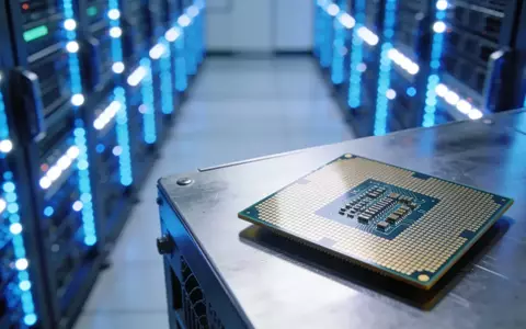 Ein hochmoderner Serverraum mit leuchtenden Server-Racks und ein fokussierter Silizium-Wafer im Vordergrund. - Foto: über boerse-global.de