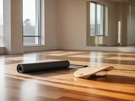 Ein heller, minimalistischer Fitnessraum mit einer zusammengerollten Yogamatte und einem Balanceboard auf einem Holzboden. - Foto: über boerse-global.de