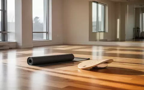 Ein heller, minimalistischer Fitnessraum mit einer zusammengerollten Yogamatte und einem Balanceboard auf einem Holzboden. - Foto: über boerse-global.de
