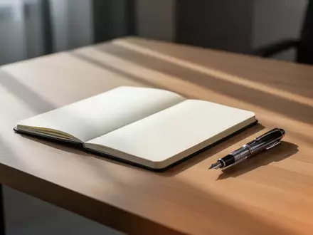 Ein minimalistischer Schreibtisch mit einem leeren Notizbuch und einem Füllfederhalter bei natürlichem Morgenlicht. - Foto: über boerse-global.de