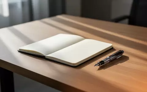 Ein minimalistischer Schreibtisch mit einem leeren Notizbuch und einem Füllfederhalter bei natürlichem Morgenlicht. - Foto: über boerse-global.de