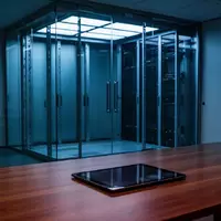 Ein dunkles, modernes Büro mit einem inaktiven Tablet auf einem Schreibtisch vor einem beleuchteten Serverraum. - Foto: über boerse-global.de