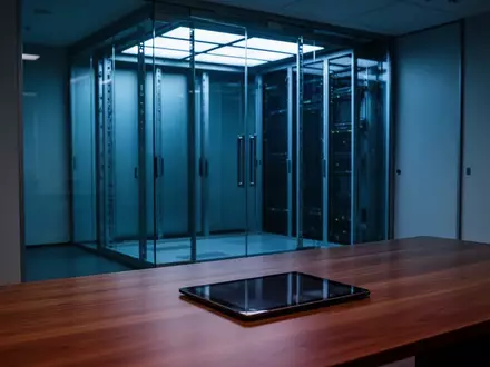 Ein dunkles, modernes Büro mit einem inaktiven Tablet auf einem Schreibtisch vor einem beleuchteten Serverraum. - Foto: über boerse-global.de