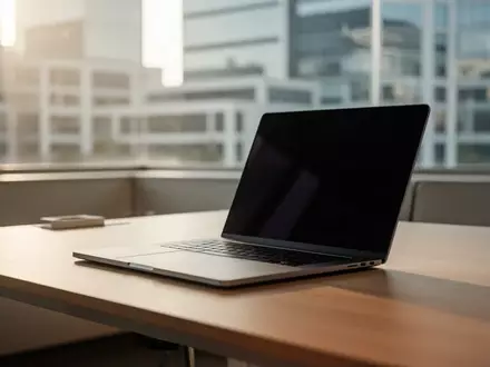 Ein minimalistischer Büroarbeitsplatz mit einem Laptop auf einem Holztisch bei natürlichem Tageslicht. - Foto: über boerse-global.de