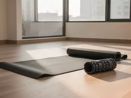 Eine Yogamatte und eine Faszienrolle auf einem hellen Holzboden in einem lichtdurchfluteten Trainingsraum. - Foto: über boerse-global.de