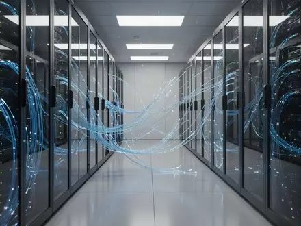 Moderne Serveranlage mit blau leuchtenden Glasfaserkabeln und abstrakten Datenströmen in einem Rechenzentrum. - Foto: über boerse-global.de