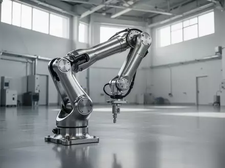 Ein minimalistischer Industrieraum mit einem metallischen Roboterarm in einer hellen, sauberen Laborumgebung. - Foto: über boerse-global.de