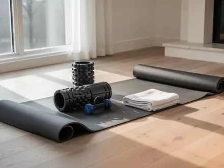 Ein minimalistischer Fitnessbereich mit einer Yogamatte, Faszienrollen und einem Handtuch in einem hellen, sonnendurchfluteten Raum. - Foto: über boerse-global.de