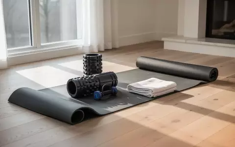Ein minimalistischer Fitnessbereich mit einer Yogamatte, Faszienrollen und einem Handtuch in einem hellen, sonnendurchfluteten Raum. - Foto: über boerse-global.de