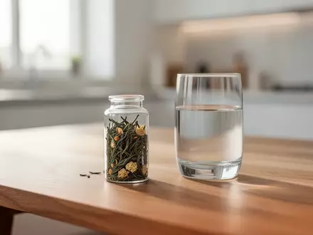 Ein Glas mit pflanzlichen Extrakten und ein Glas Wasser auf einem Holztisch in einer hellen, modernen Küche. - Foto: über boerse-global.de