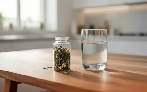 Ein Glas mit pflanzlichen Extrakten und ein Glas Wasser auf einem Holztisch in einer hellen, modernen Küche. - Foto: über boerse-global.de