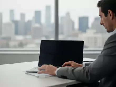 Ein Finanzanalyst arbeitet an einem Laptop in einem modernen, hellen Büro mit Blick auf die Stadt. - Foto: über boerse-global.de