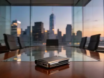 Ein Hardware-Wallet auf einem Konferenztisch in einem modernen Bürogebäude mit Blick auf eine Skyline bei Dämmerung. - Foto: über boerse-global.de