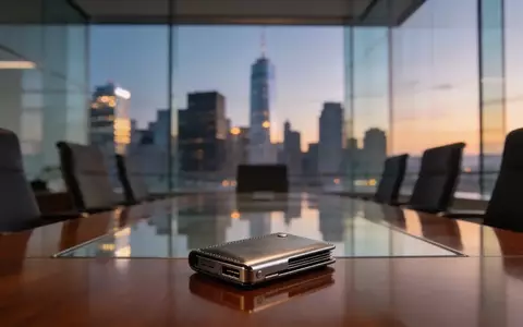 Ein Hardware-Wallet auf einem Konferenztisch in einem modernen Bürogebäude mit Blick auf eine Skyline bei Dämmerung. - Foto: über boerse-global.de