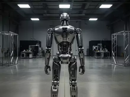 Ein metallischer humanoider Roboter in einer leeren, industriellen Testumgebung bei gedimmtem Licht. - Foto: über boerse-global.de