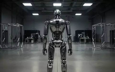 Ein metallischer humanoider Roboter in einer leeren, industriellen Testumgebung bei gedimmtem Licht. - Foto: über boerse-global.de