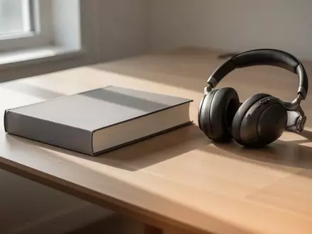 Ein geschlossenes Fachbuch liegt auf einem minimalistischen Schreibtisch neben Kopfhörern in einem hellen Raum. - Foto: über boerse-global.de