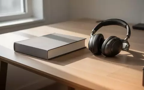 Ein geschlossenes Fachbuch liegt auf einem minimalistischen Schreibtisch neben Kopfhörern in einem hellen Raum. - Foto: über boerse-global.de