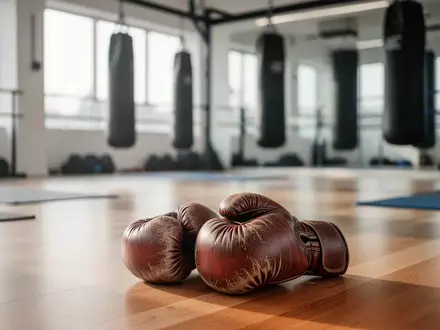 Ein Paar Boxhandschuhe auf einem hölzernen Hallenboden in einem modernen Fitnessstudio vor unscharfen Boxsäcken. - Foto: über boerse-global.de