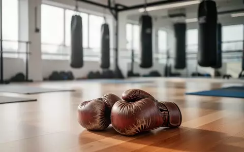 Ein Paar Boxhandschuhe auf einem hölzernen Hallenboden in einem modernen Fitnessstudio vor unscharfen Boxsäcken. - Foto: über boerse-global.de