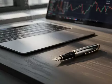Ein minimalistischer Schreibtisch mit einem Laptop und einem Füllfederhalter bei natürlichem Morgenlicht. - Foto: über boerse-global.de