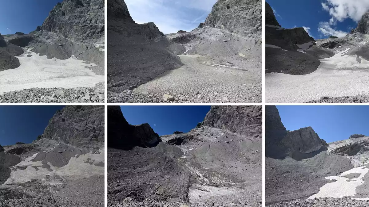 Die Fotos zeigen die Reste des Watzmanngletschers auf 2060 Metern - 2021 (oben links), 2022 (oben Mitte), 2023 (oben rechts), 2024 (unten links), 2025 (unten Mitte) und 2026 (unten rechts). - Bild: Angelika Warmuth/dpa