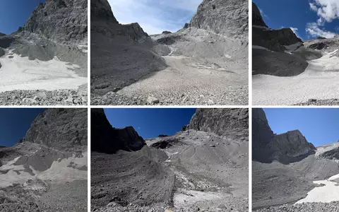 Die Fotos zeigen die Reste des Watzmanngletschers auf 2060 Metern - 2021 (oben links), 2022 (oben Mitte), 2023 (oben rechts), 2024 (unten links), 2025 (unten Mitte) und 2026 (unten rechts). - Foto: Angelika Warmuth/dpa