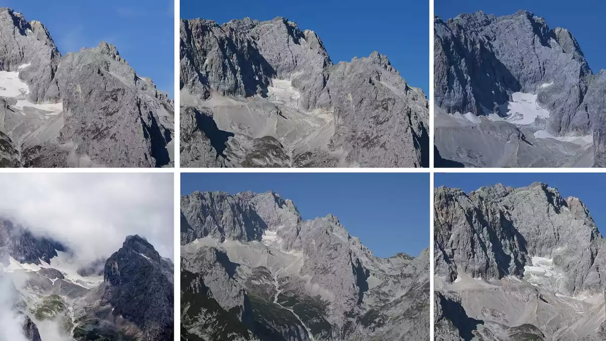 Die Fotos zeigen die Reste des Gletschers Höllentalferner - 2021 (oben links), 2022 (oben Mitte), 2023 (oben rechts), 2024 (unten links), 2025 (unten Mitte) und 2026 (unten rechts). - Bild: Angelika Warmuth/Matthias Balk/dpa