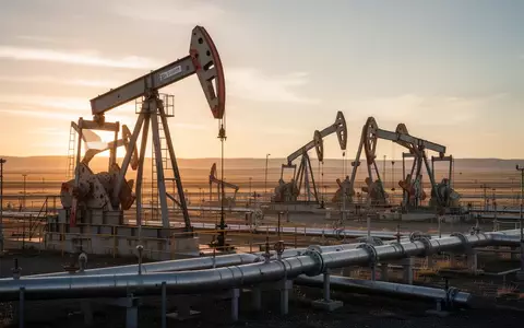 Ölförderanlage mit Pumpen in einer weitläufigen Landschaft bei Sonnenuntergang. - Foto: über boerse-global.de