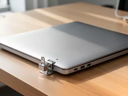 Ein silbernes Laptop auf einem Holztisch mit einem montierten, metallischen Sicherheits-Schließmechanismus an der Ecke. - Foto: über boerse-global.de