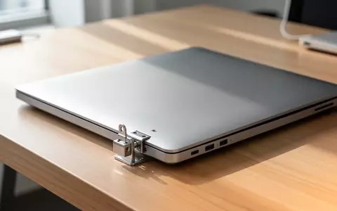 Ein silbernes Laptop auf einem Holztisch mit einem montierten, metallischen Sicherheits-Schließmechanismus an der Ecke. - Foto: über boerse-global.de