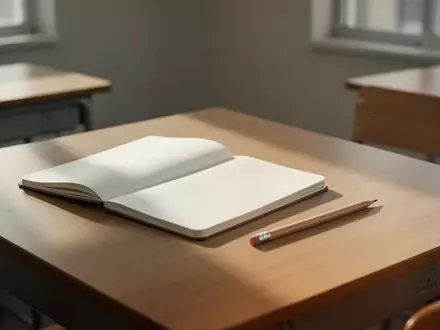 Ein leerer Schreibtisch mit einem Notizbuch und einem Stift in einem hellen, sonnendurchfluteten Klassenzimmer. - Foto: über boerse-global.de