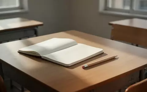 Ein leerer Schreibtisch mit einem Notizbuch und einem Stift in einem hellen, sonnendurchfluteten Klassenzimmer. - Foto: über boerse-global.de