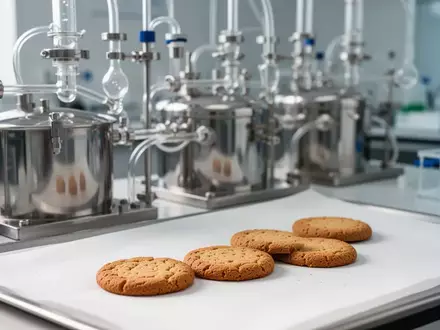Nahaufnahme von im Labor hergestellten Keksen aus mikrobiellem Protein neben wissenschaftlichen Apparaturen. - Foto: über boerse-global.de