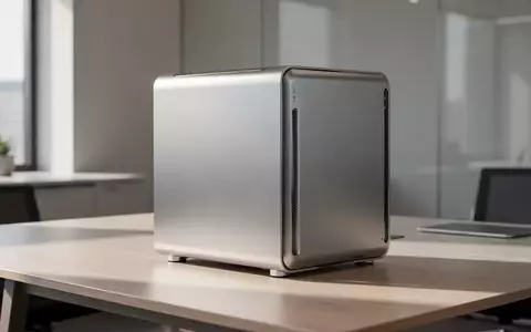 Ein kompakter, silberner Desktop-Computer aus Aluminium steht auf einem hellen Holztisch in einem modernen Büro. - Foto: über boerse-global.de