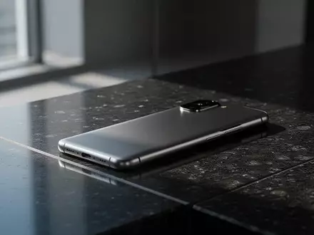 Ein minimalistisches, hochwertiges Smartphone auf einer dunklen Granitoberfläche in elegantem, natürlichem Licht. - Foto: über boerse-global.de