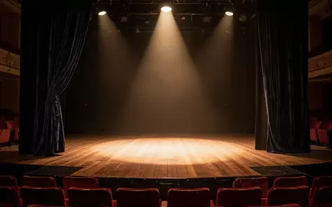 Eine leere Theaterbühne mit Holzboden und einem dezent beleuchteten Vorhang in einem ruhigen, atmosphärischen Raum. - Foto: über boerse-global.de